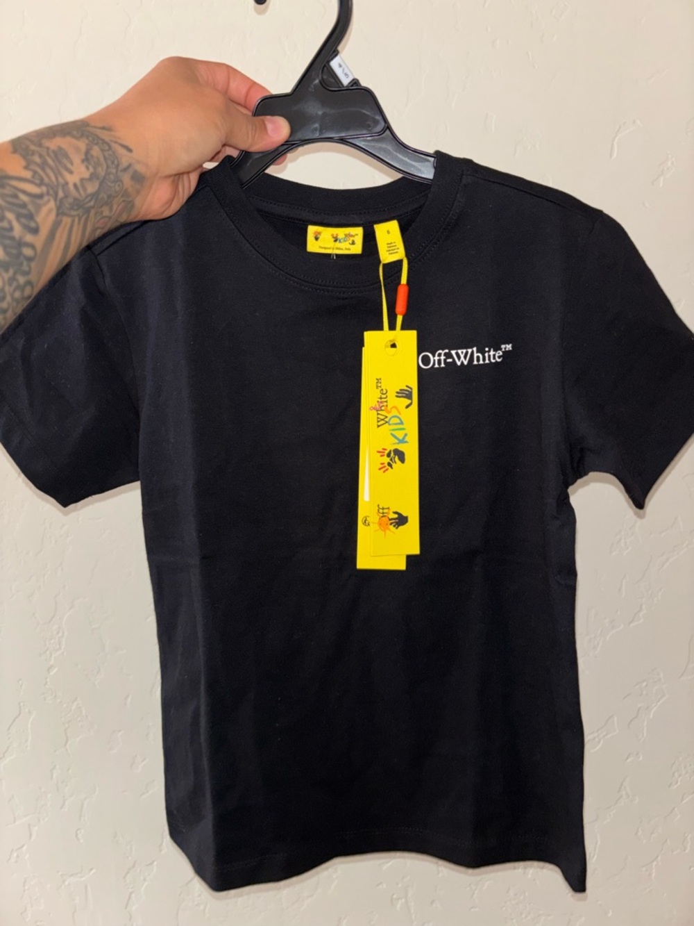 Off-White Black Kids Logo Tee with Yellow Tag